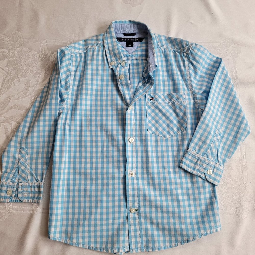 Tommy Hilfiger Boys Blue and White Gingham Dress Shirt Size 5